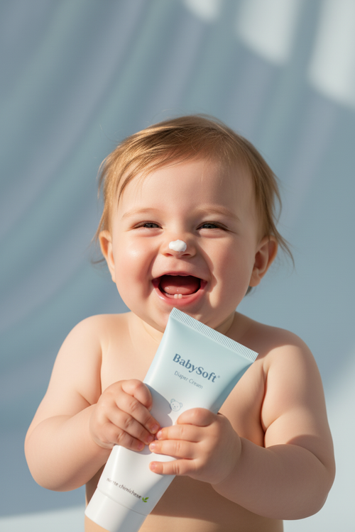 Bambino felice con tubetto BabySoft