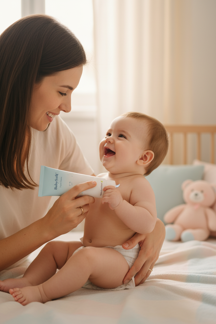 Mamma e bambino con tubetto BabySoft